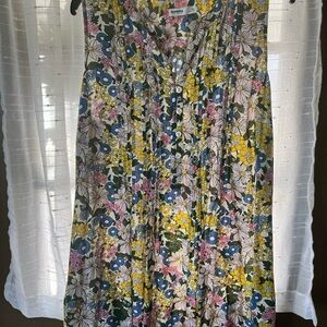 XXL Sonoma Linen Floral Button-Front Dress in Yellow, Blue & Pink on Cream 16W
